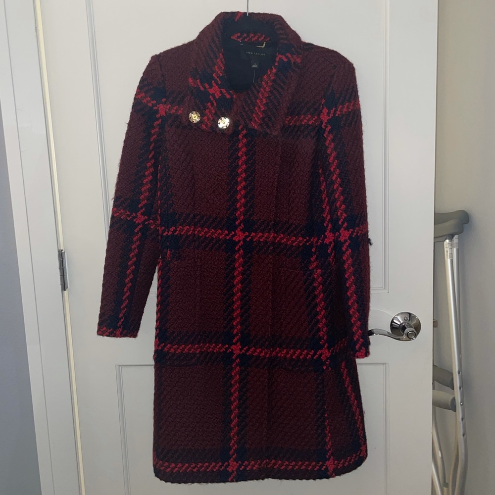 NWT Ann Taylor Red, Burgundy & Black Tweed Coat